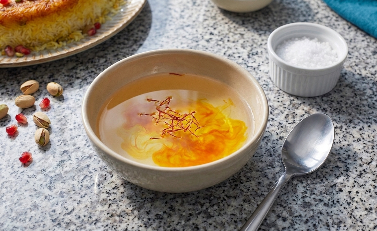 A small bowl of saffron threads blooming in warm water on a kitchen counter next to a spoon and kosher salt