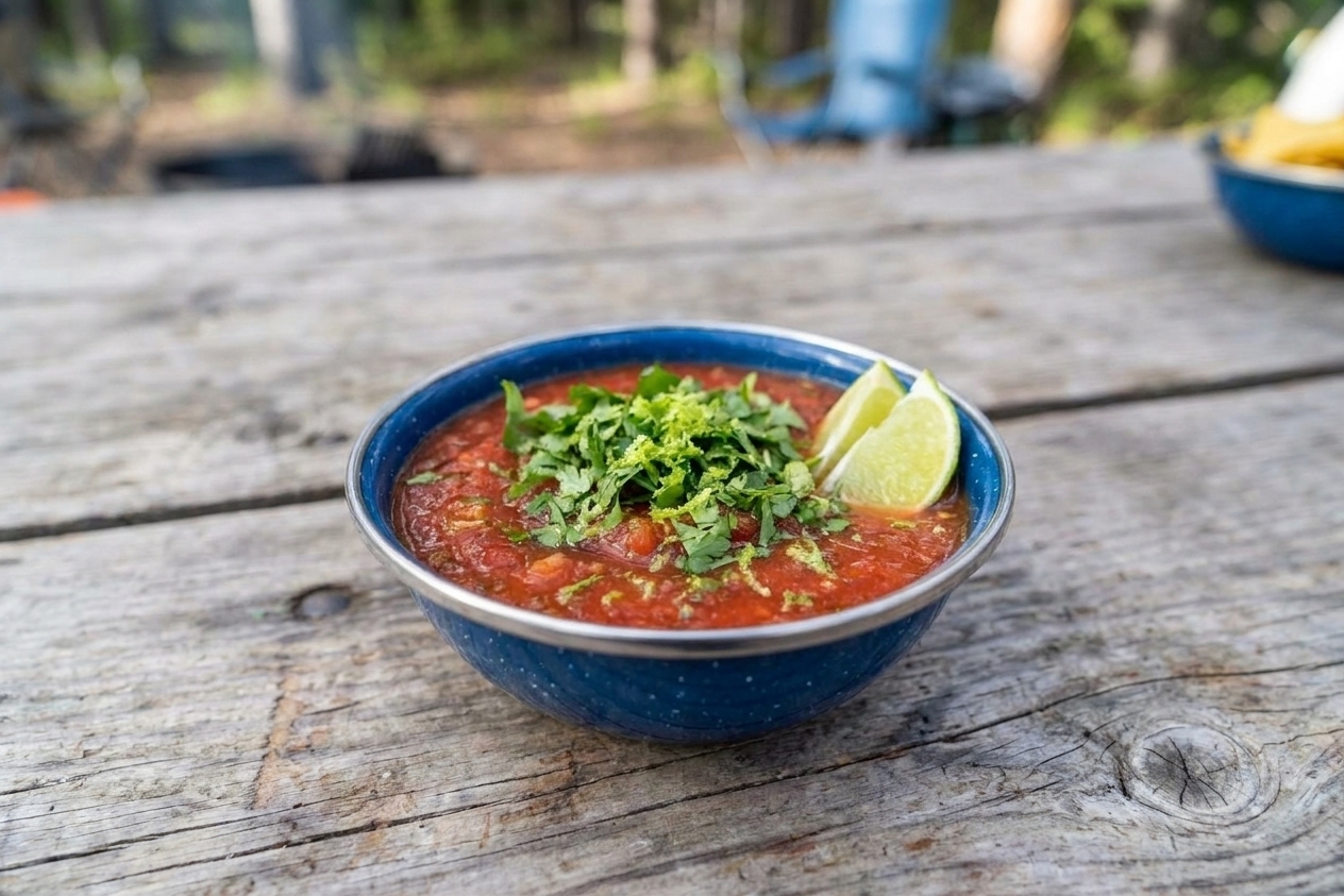 A small bowl of salsa mixed with chopped cilantro and fresh lime zest on a picnic table