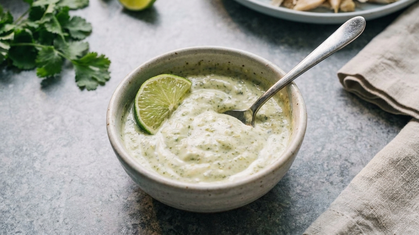 A small bowl of salsa verde mixed with sour cream and lime on a kitchen counter with a spoon