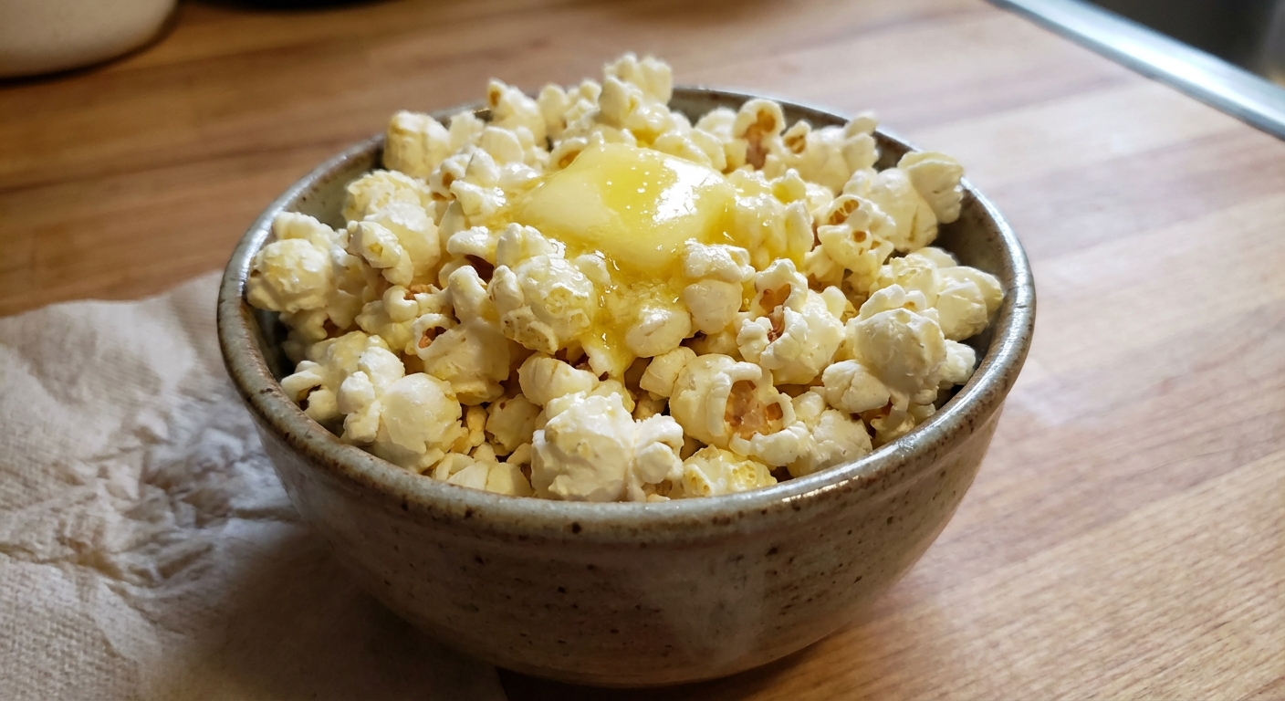 A small bowl of salted popcorn with a pat of melted butter