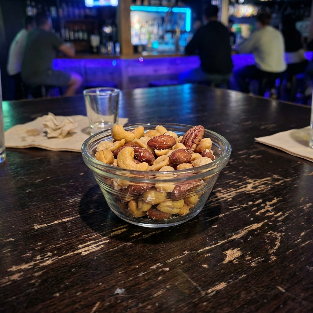 A small bowl of salty roasted mixed nuts on a table