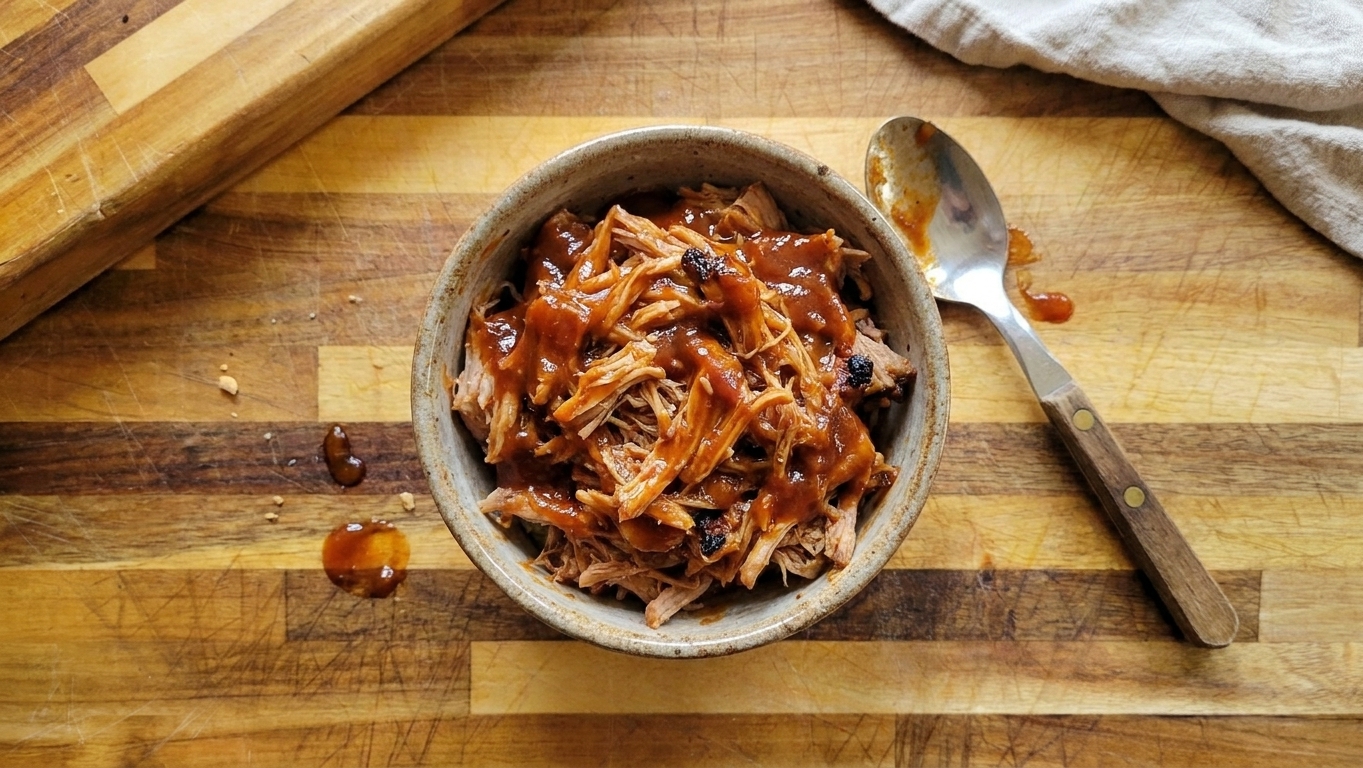 A small bowl of sauced shredded pulled pork with a spoon resting beside it on a kitchen counter