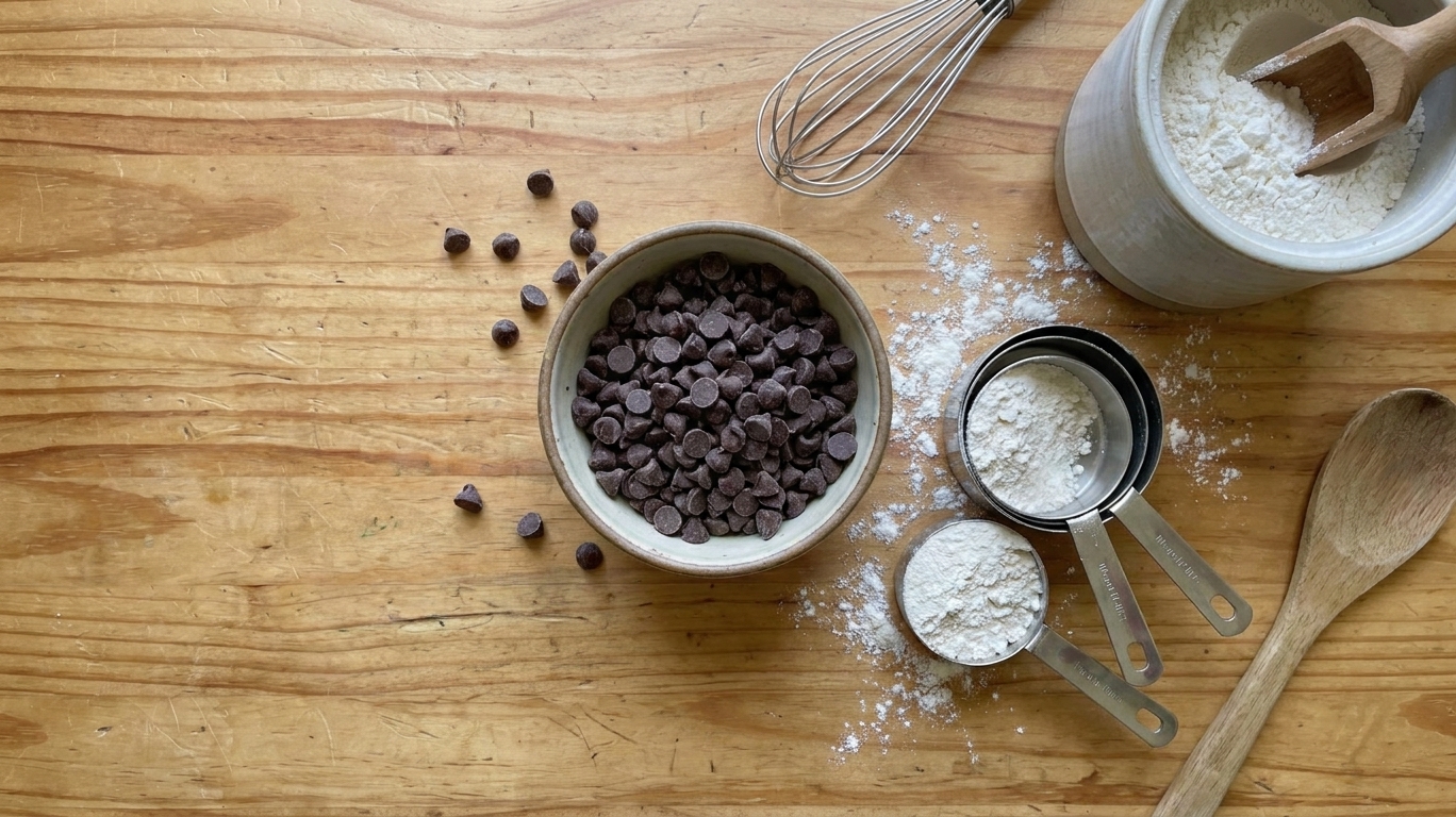 A small bowl of semi-sweet chocolate chips on a kitchen counter next to measuring cups and flour, ready for cookie baking