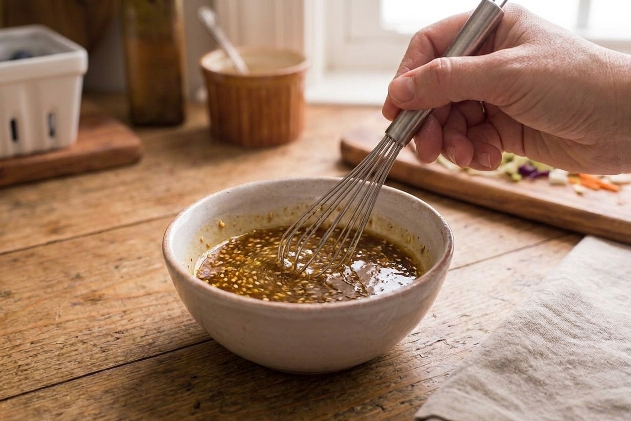 A small bowl of sesame-ginger dressing being whisked until glossy on a light kitchen counter