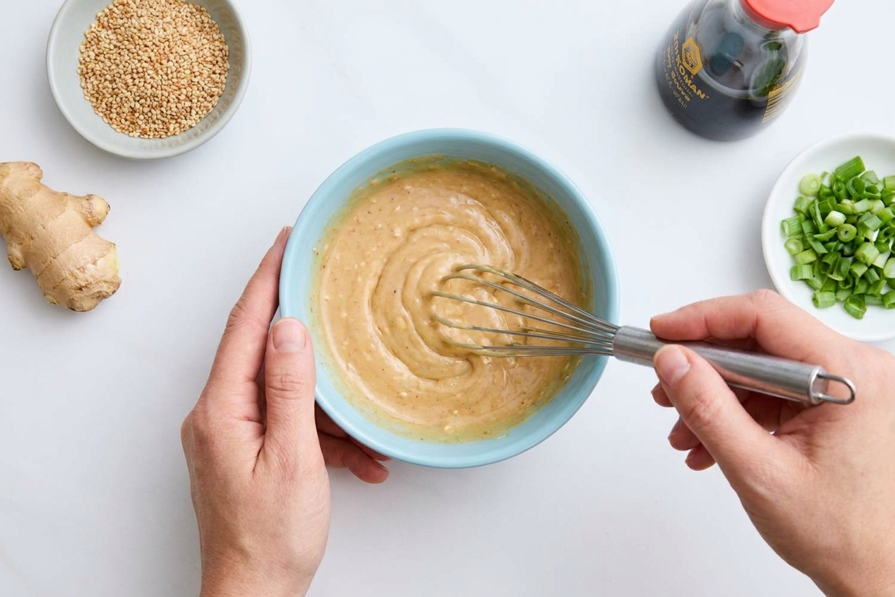 A small bowl of sesame-ginger dressing being whisked until smooth on a light kitchen counter with ingredients nearby