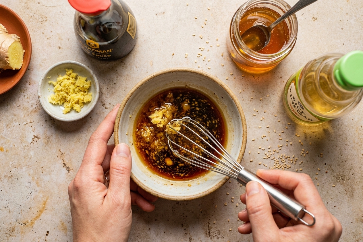 A small bowl of sesame-ginger sauce ingredients being whisked together on a kitchen counter, with soy sauce, honey, vinegar, and grated ginger nearby