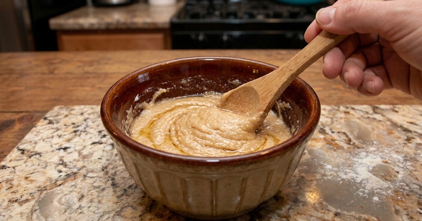 A small bowl of sesame oil and flour paste being stirred with a spoon on a kitchen counter