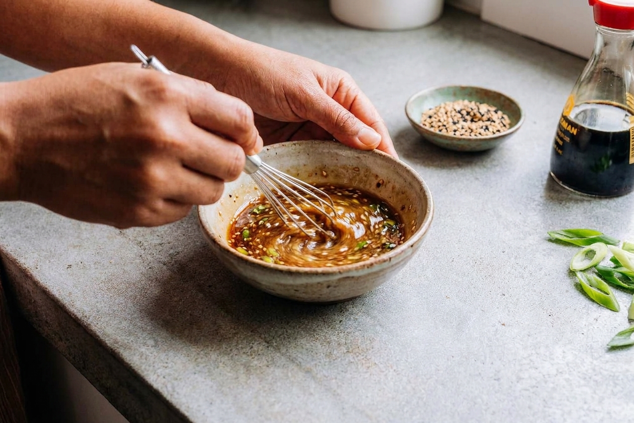 A small bowl of sesame soy dressing being whisked until glossy on a kitchen counter