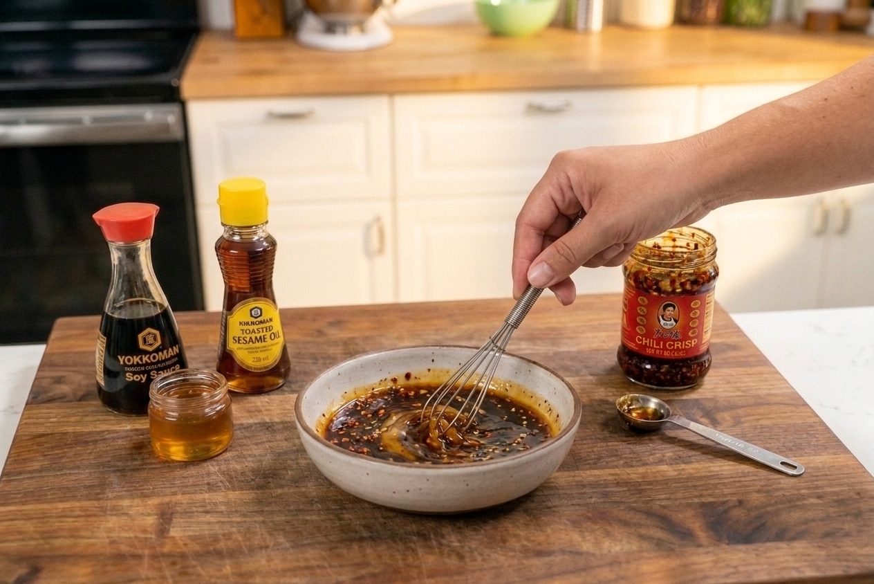 A small bowl of sesame soy sauce being whisked with chili crisp and honey on a kitchen counter