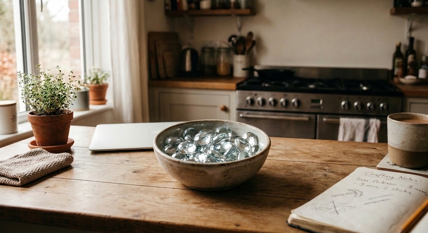 A small bowl of shiny glass stones on a kitchen counter, standing in for the diamonds used to duplicate templates