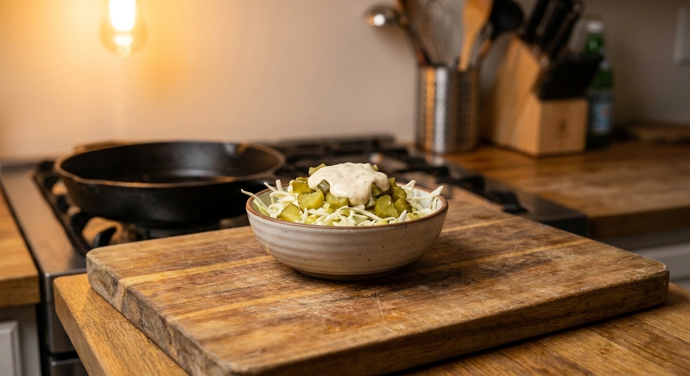 A small bowl of shredded cabbage with chopped dill pickles and a spoonful of creamy dressing on a kitchen counter