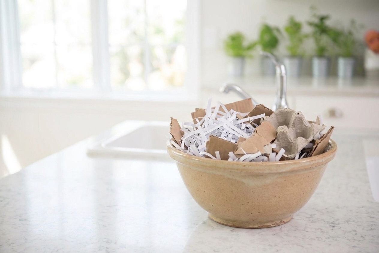 A small bowl of shredded paper and torn cardboard on a kitchen counter ready to be used as dry browns for a compost bin