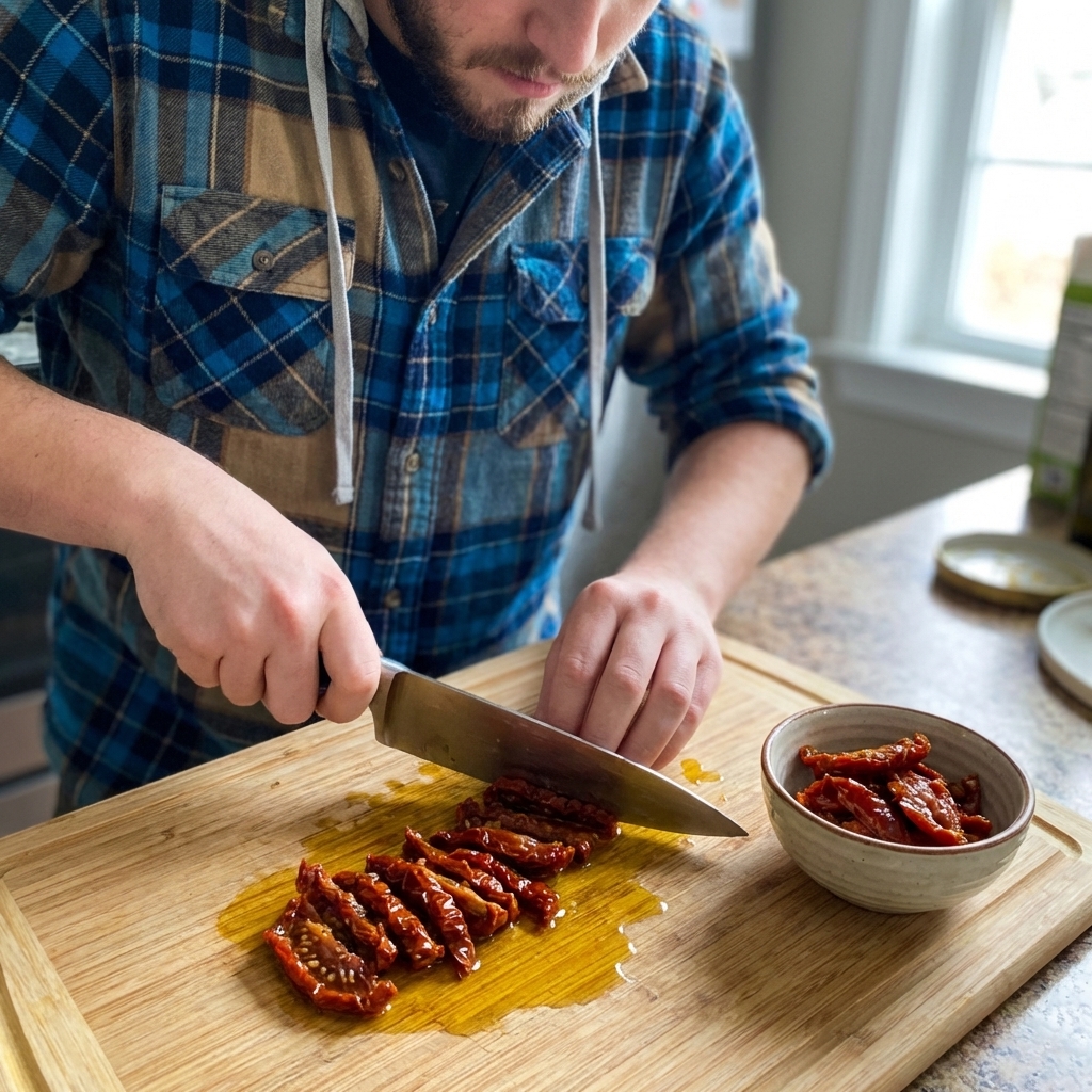 A small bowl of sliced oil-packed sun-dried tomatoes on a wooden cutting board with a chef's knife nearby, close-up kitchen prep photo