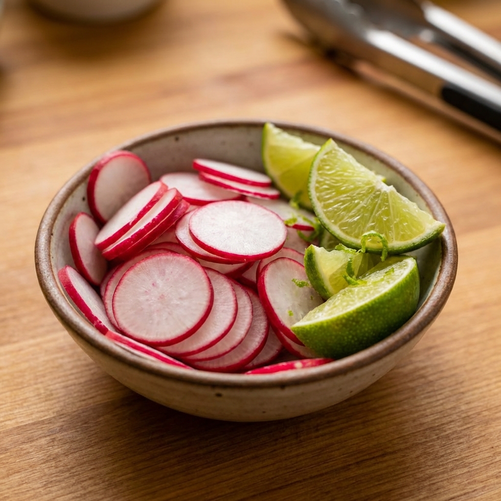 A small bowl of sliced radishes with lime wedges