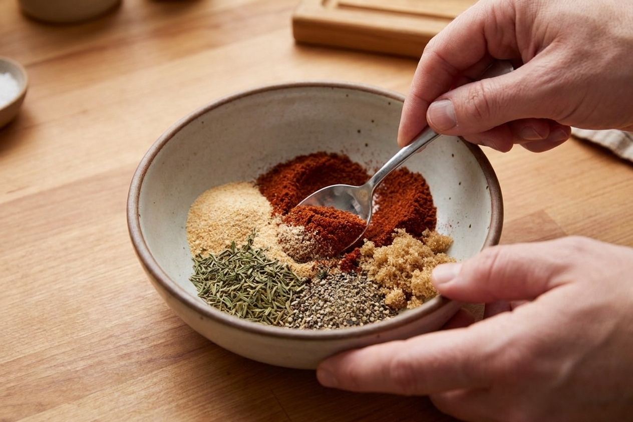 A small bowl of smoked paprika, garlic powder, onion powder, thyme, black pepper, and brown sugar being mixed with a spoon on a kitchen counter