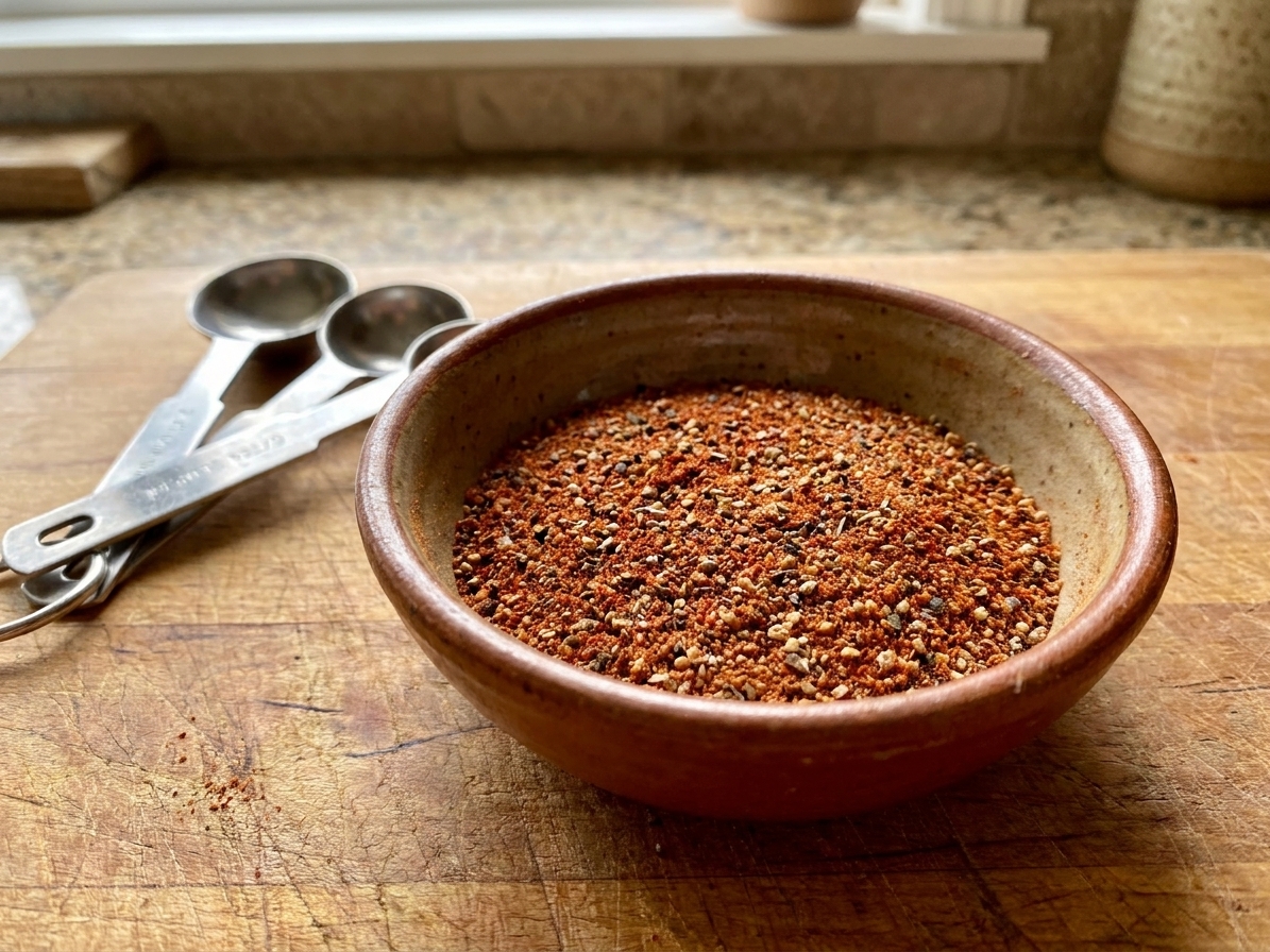 A small bowl of smoky chicken rub with paprika and black pepper on a wooden counter beside measuring spoons