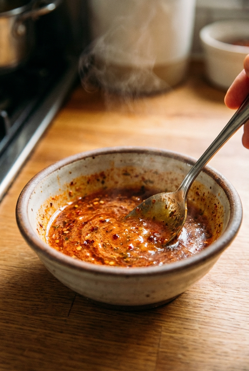 A small bowl of smoky chili butter being stirred with a spoon