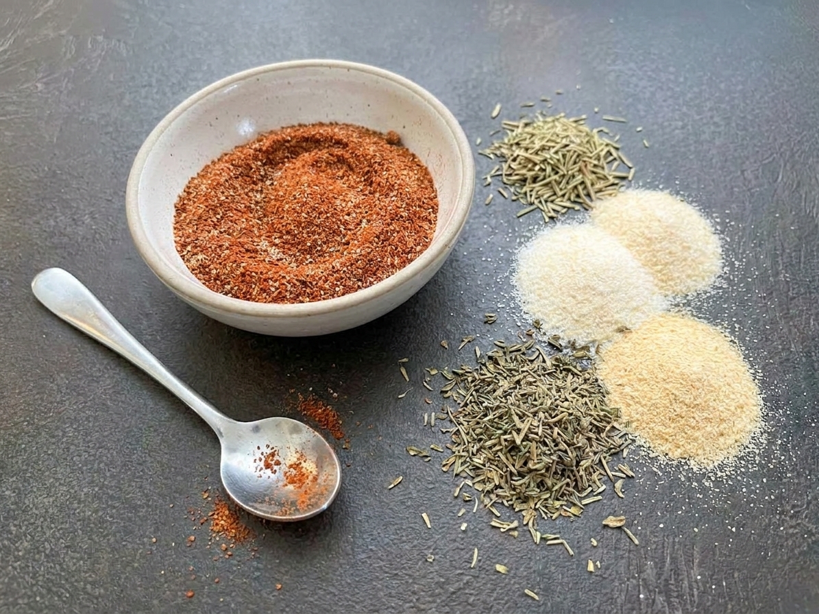 A small bowl of smoky paprika spice rub with a spoon beside dried herbs, onion powder, and garlic powder on a kitchen counter