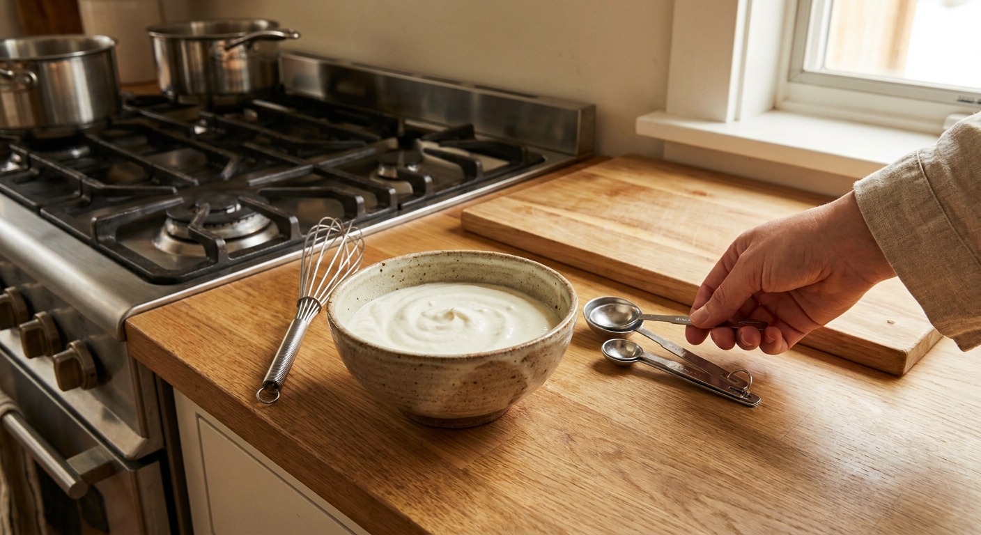 A small bowl of smooth blended cottage cheese on a kitchen counter next to a whisk and measuring spoons