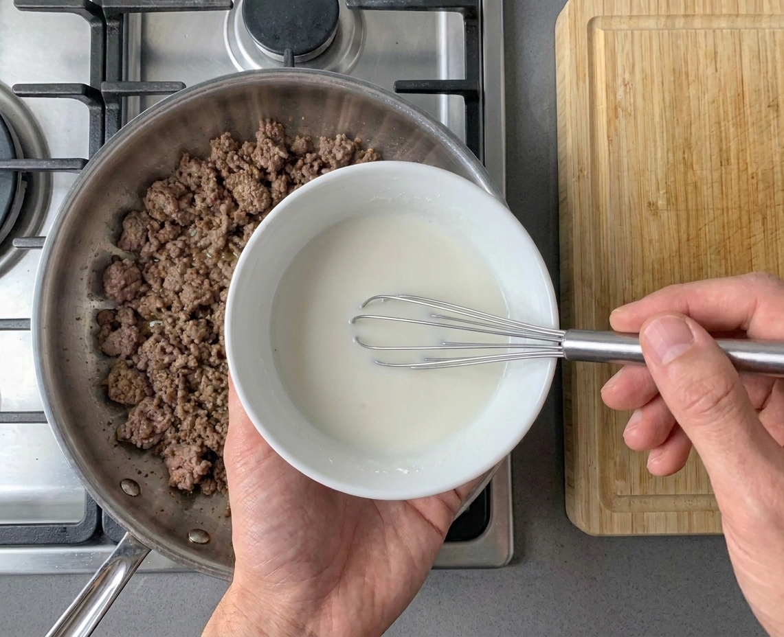A small bowl of smooth cornstarch slurry being whisked on a kitchen counter beside the skillet