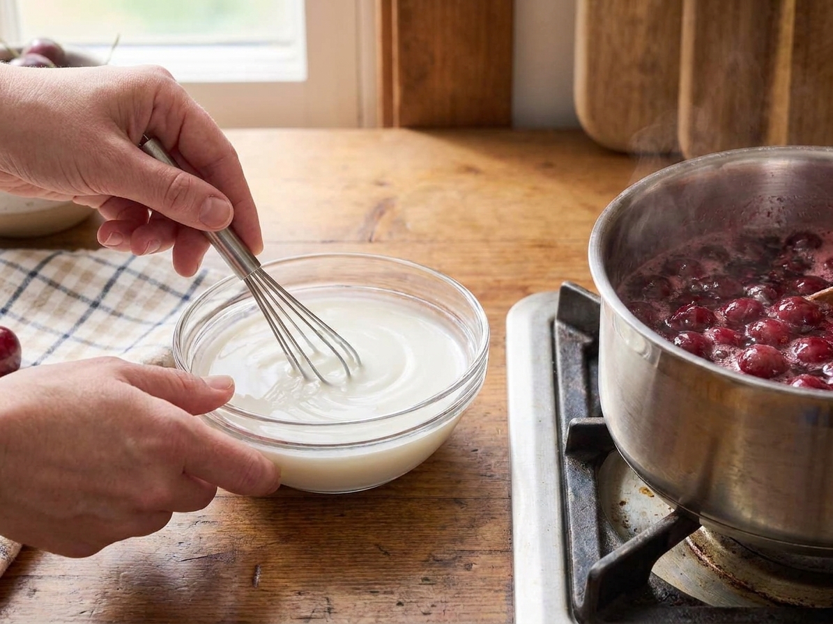 A small bowl of smooth cornstarch slurry being whisked on a kitchen counter next to the saucepan