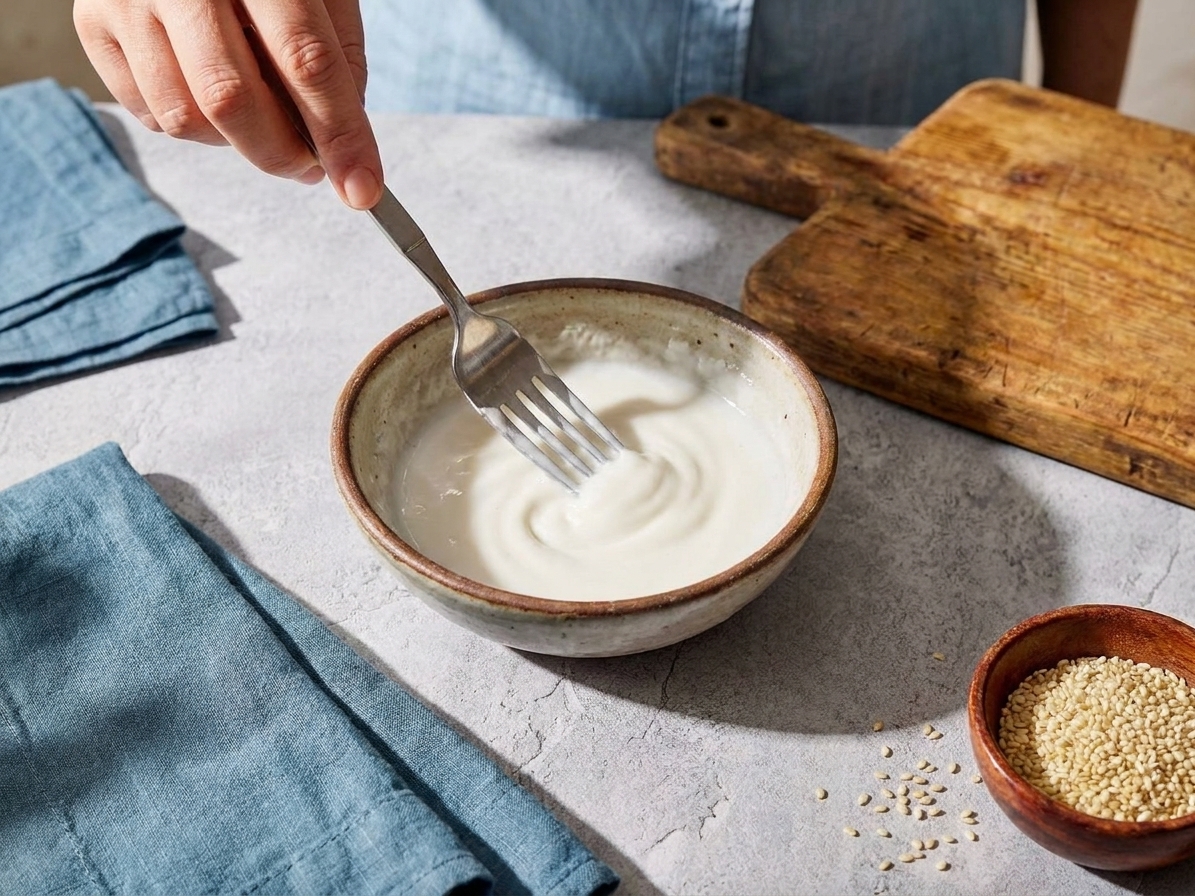 A small bowl of smooth cornstarch slurry being whisked with a fork on a kitchen counter