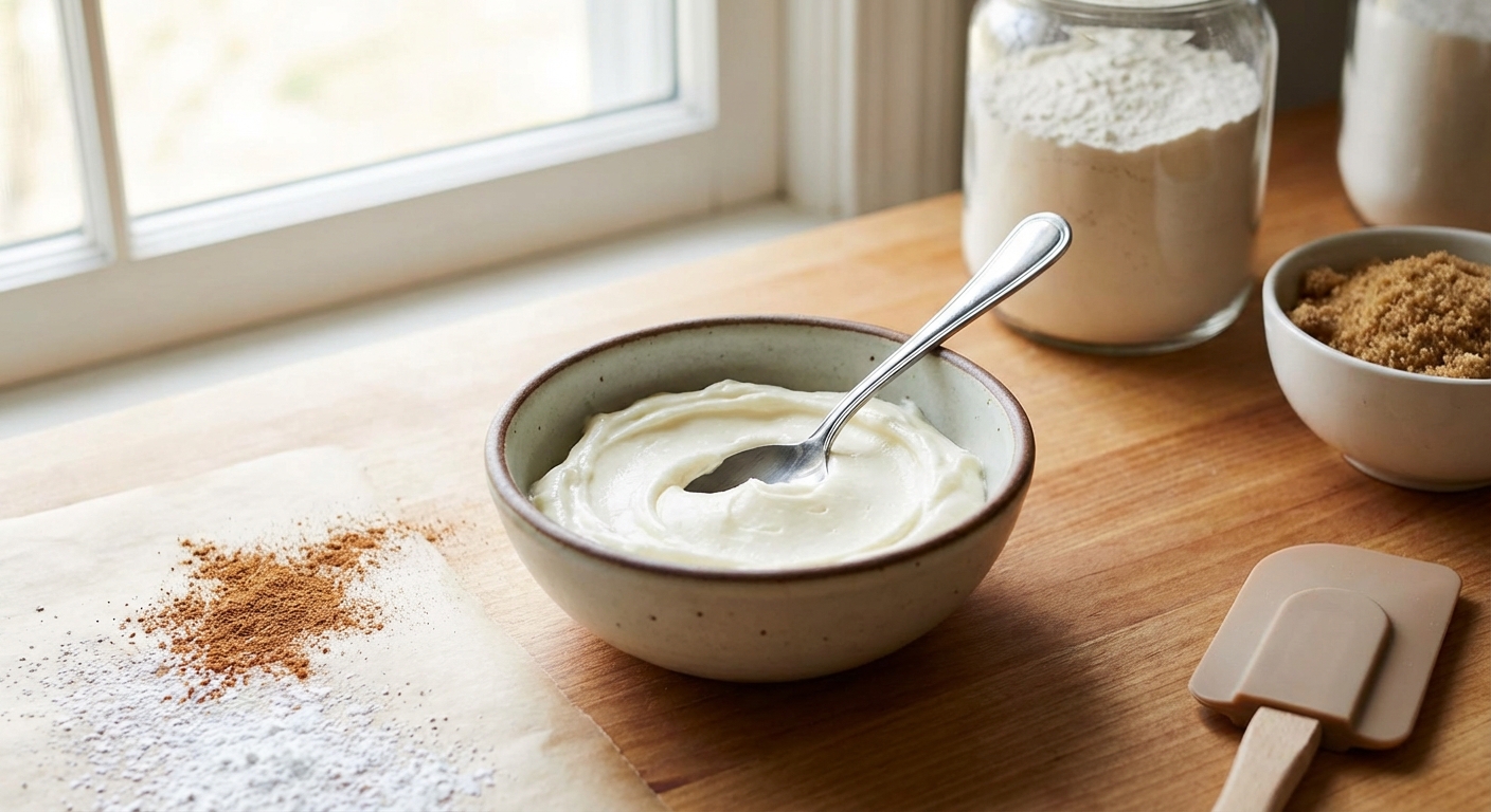 A small bowl of smooth cream cheese filling with a spoon resting in it on a kitchen counter, soft natural light and baking ingredients nearby