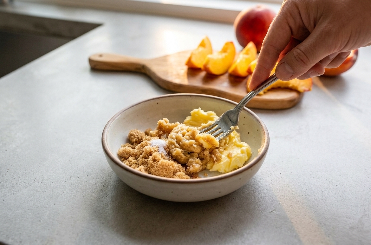 A small bowl of softened butter being mixed with brown sugar and a pinch of salt using a fork on a clean kitchen counter, with peaches nearby