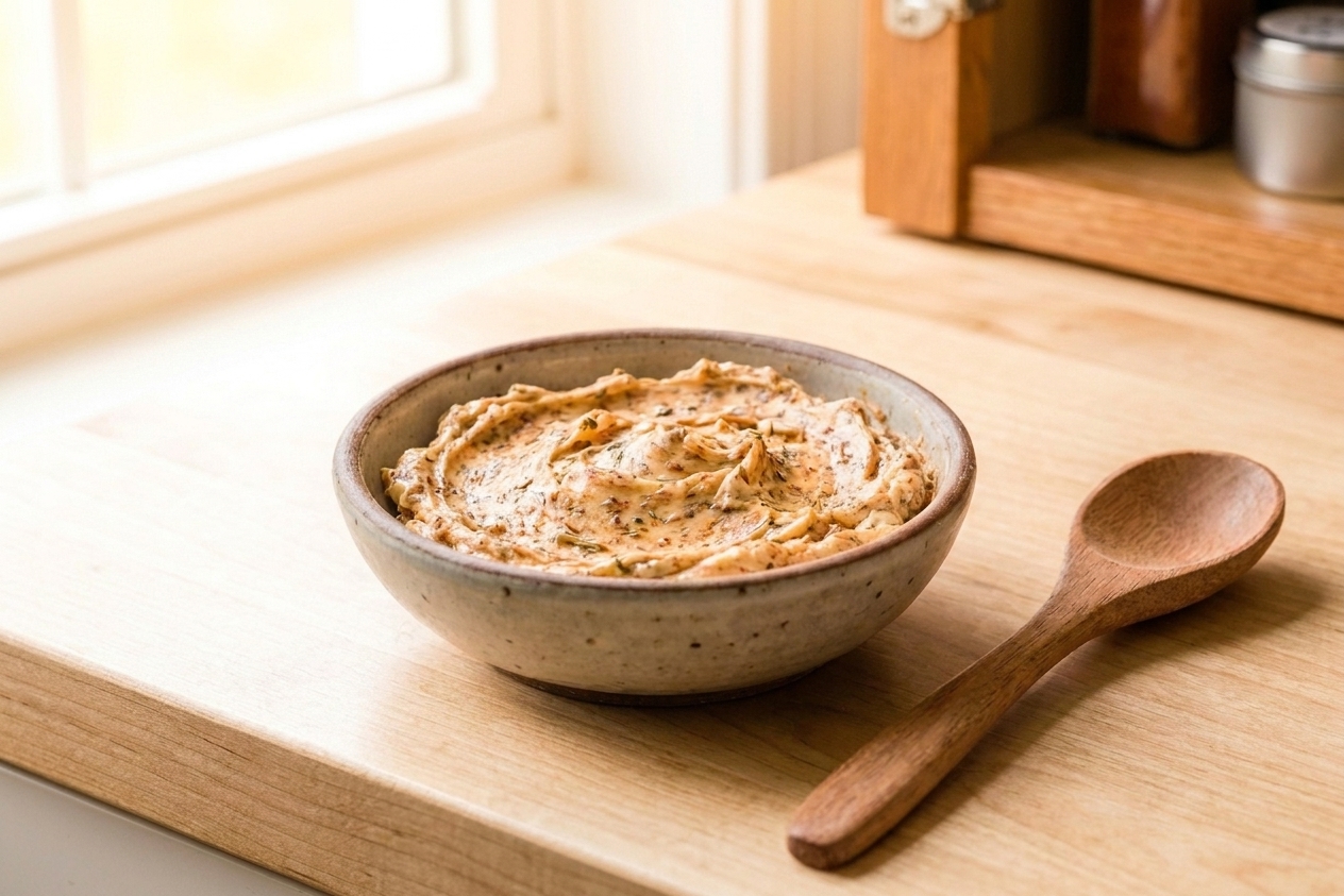 A small bowl of softened butter mixed with dried herbs and spices, with a spoon resting beside it on a kitchen counter