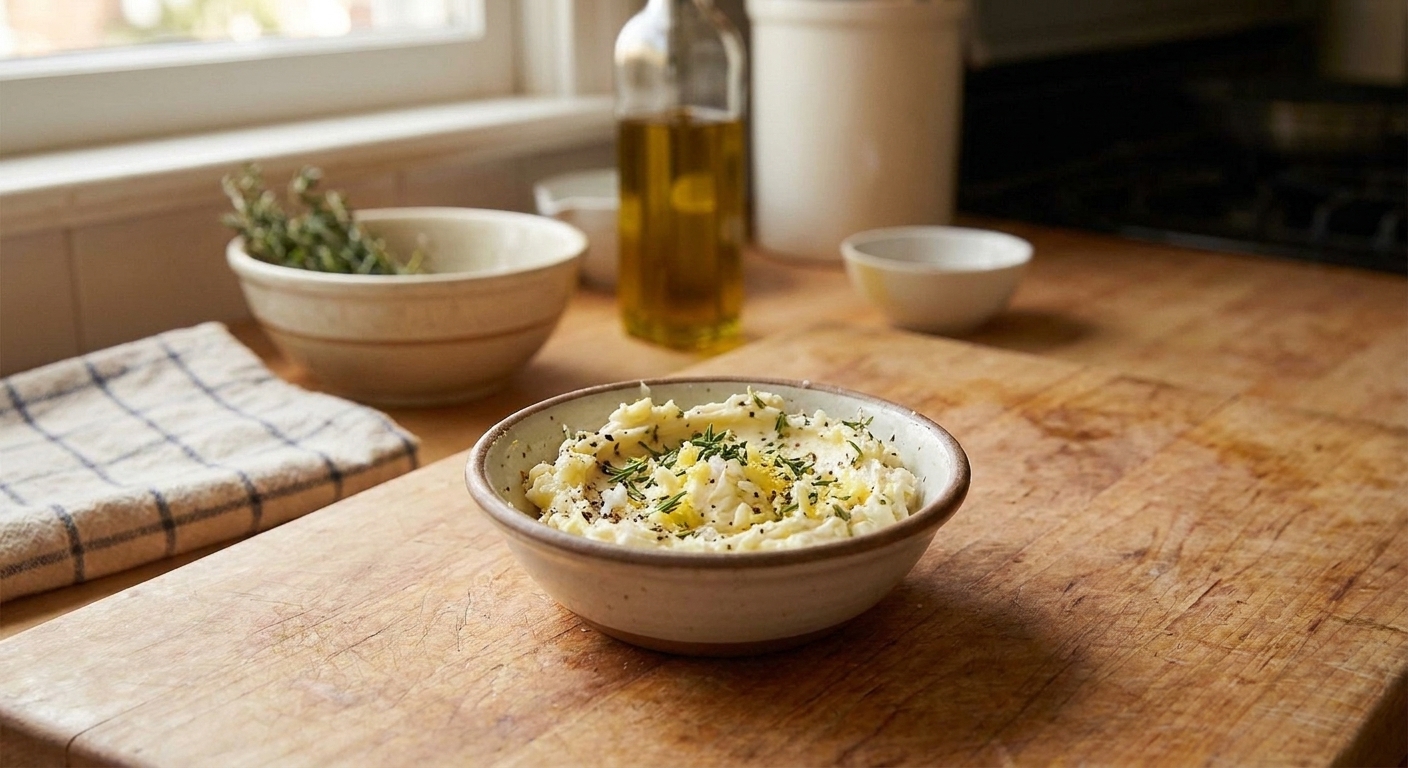 A small bowl of softened butter mixed with minced garlic, chopped herbs, lemon zest, salt, and pepper on a kitchen counter