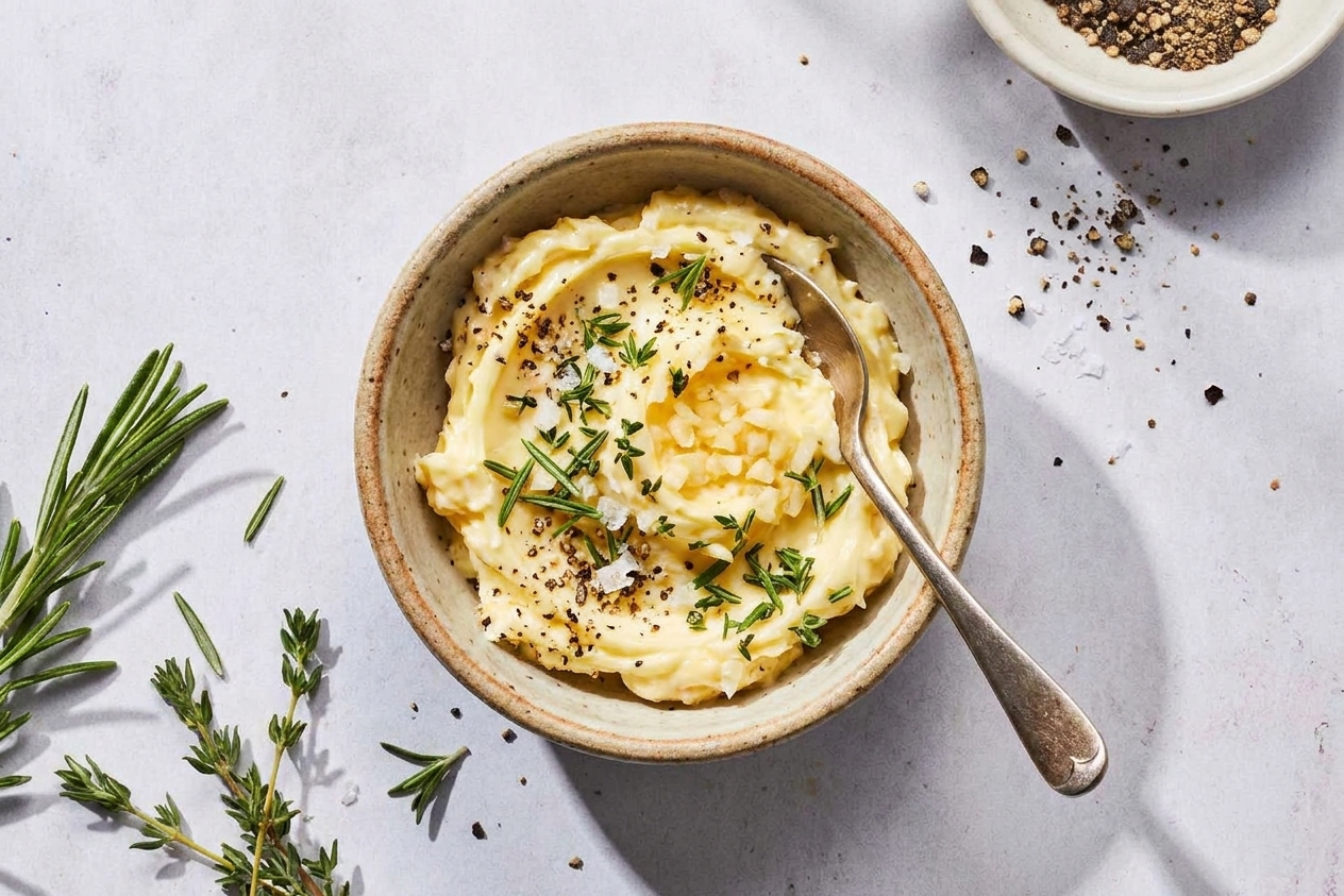 A small bowl of softened butter mixed with minced garlic, chopped rosemary, thyme, salt, and pepper on a kitchen counter