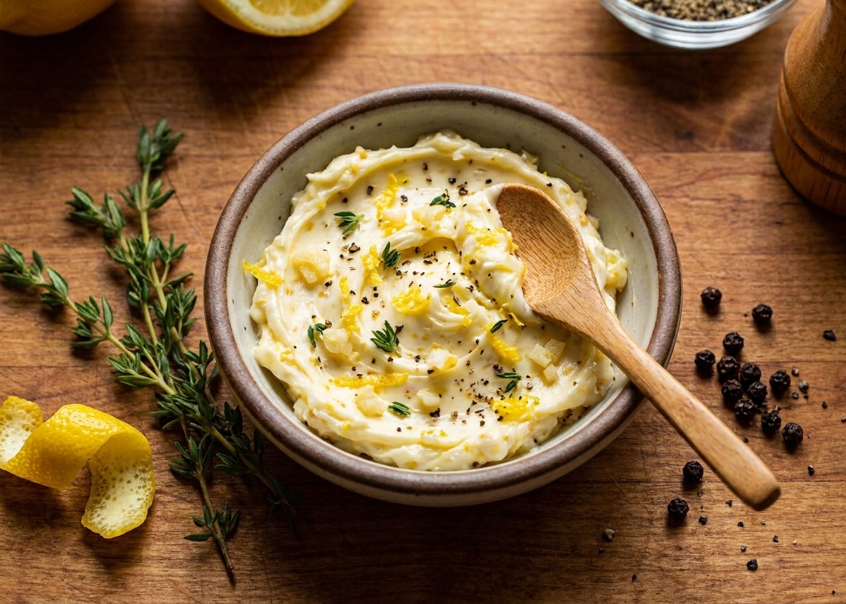 A small bowl of softened butter mixed with minced garlic, lemon zest, thyme, and black pepper on a kitchen counter
