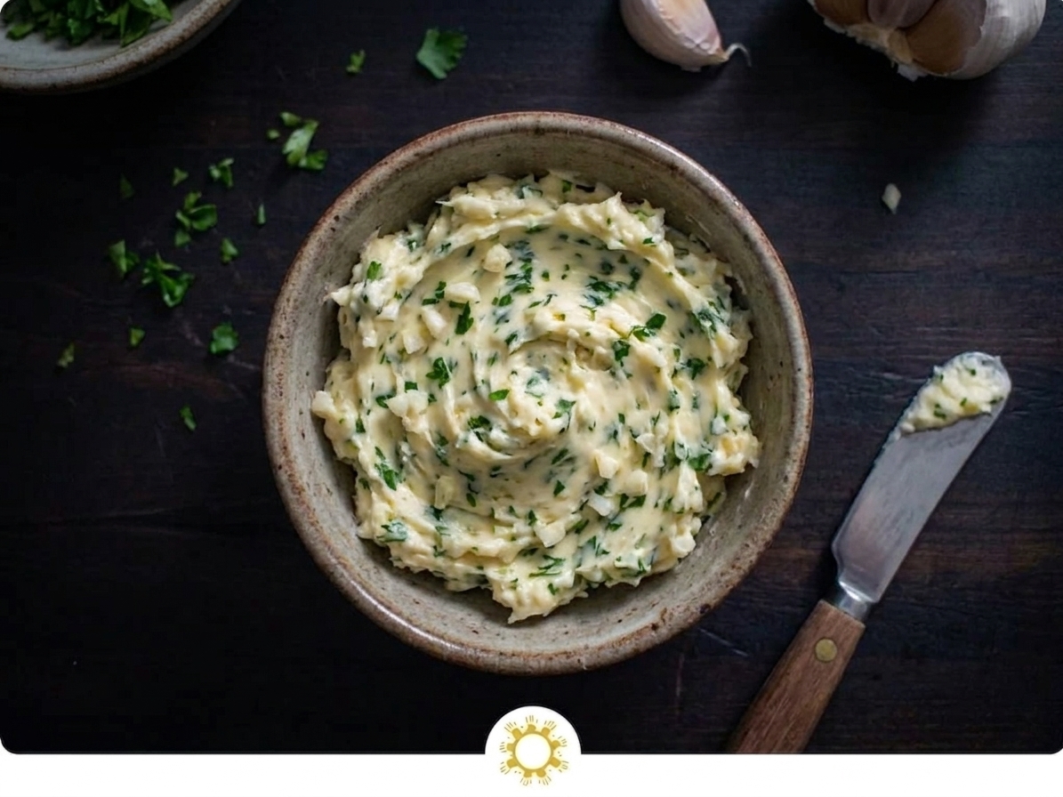 A small bowl of softened butter mixed with minced garlic and chopped parsley