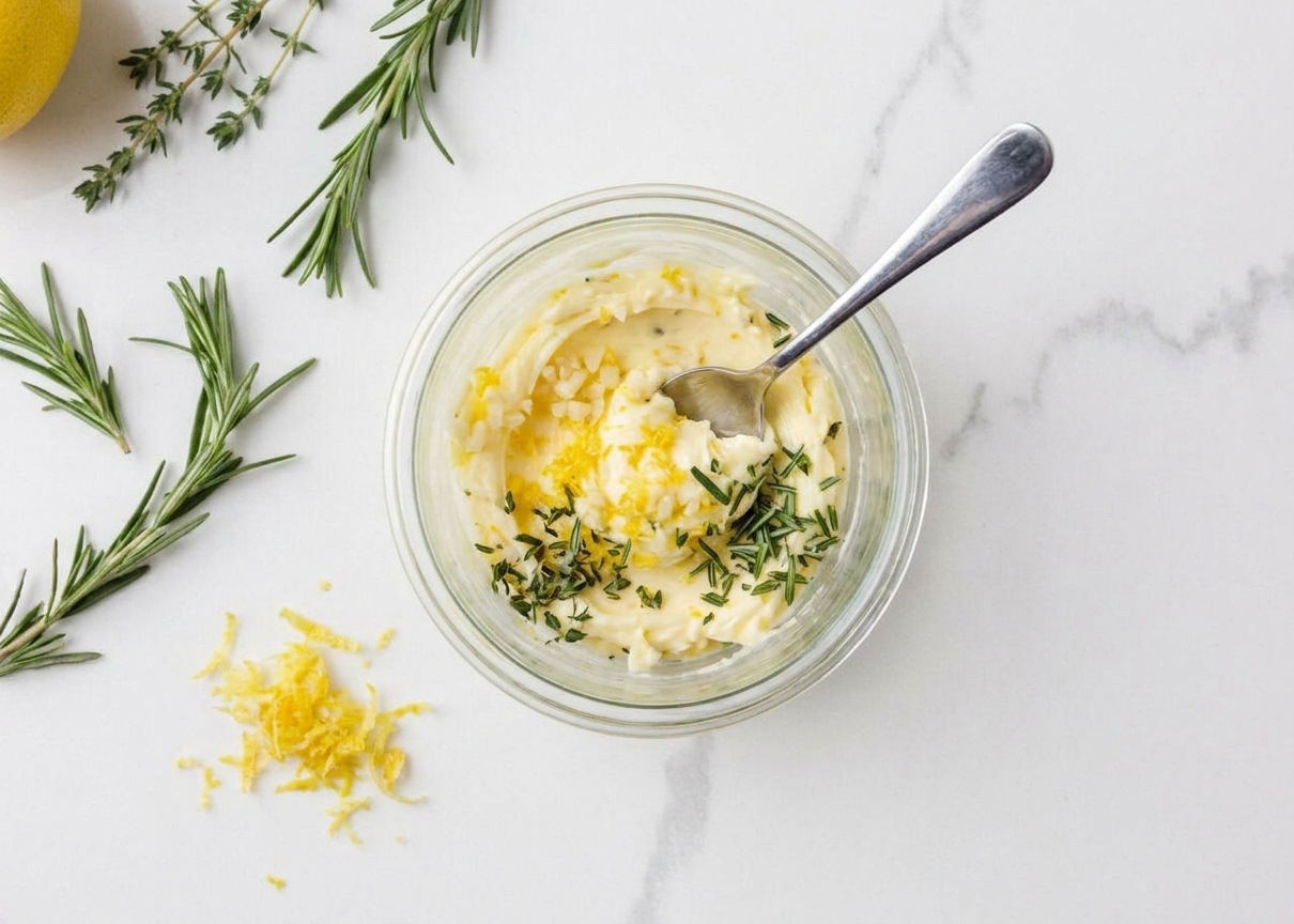 A small bowl of softened butter mixed with minced garlic, lemon zest, chopped rosemary, and thyme on a kitchen counter