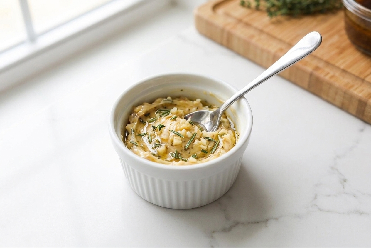 A small bowl of softened butter mixed with minced garlic and chopped rosemary and thyme with a spoon resting inside on a kitchen counter