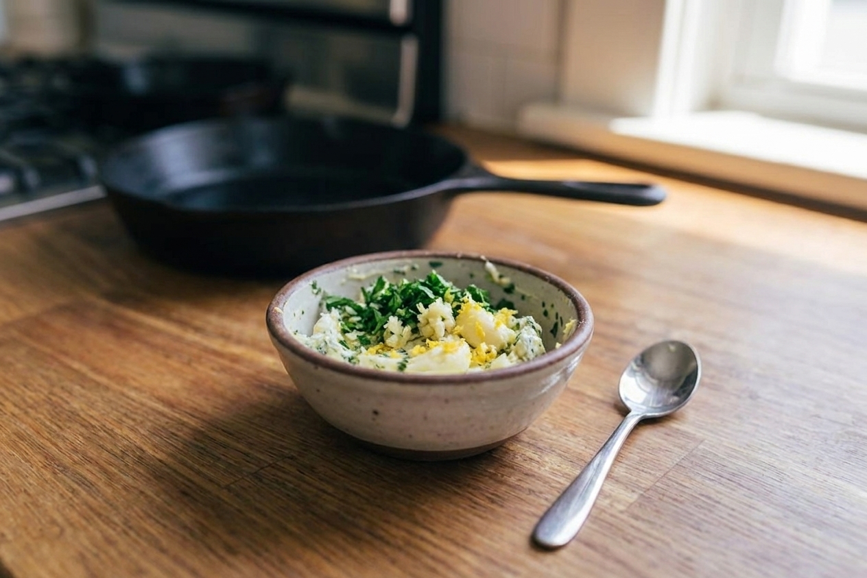 A small bowl of softened butter mixed with minced garlic, chopped parsley, and lemon zest on a kitchen counter beside a spoon