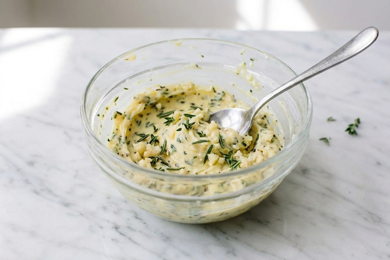 A small bowl of softened butter mixed with minced garlic and chopped rosemary and thyme, with a spoon resting in the bowl on a kitchen counter