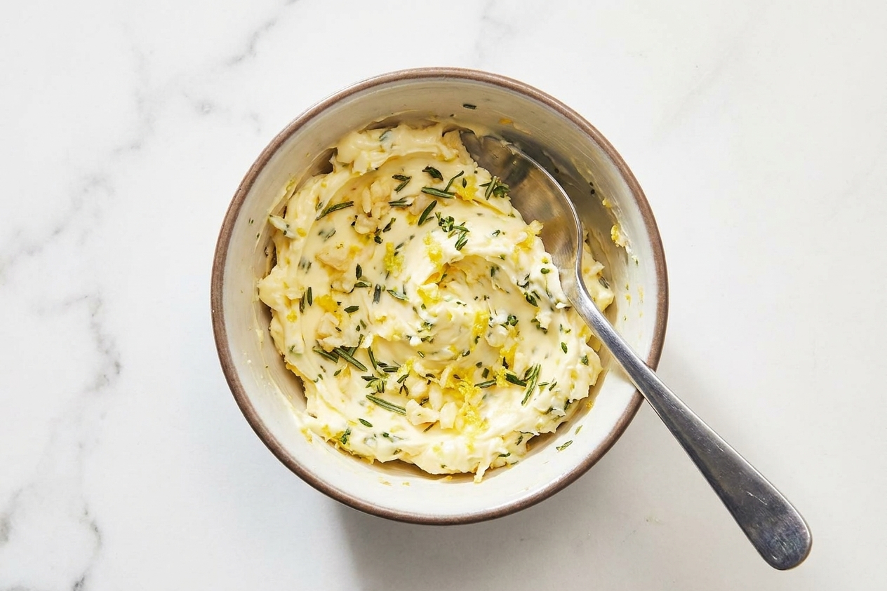 A small bowl of softened butter mixed with minced garlic, rosemary, thyme, and lemon zest next to a spoon on a kitchen counter
