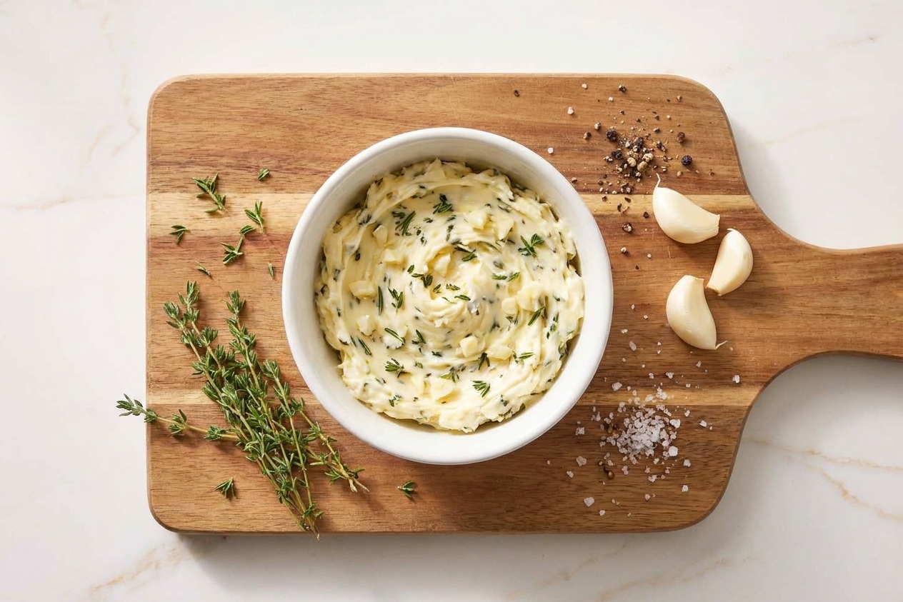 A small bowl of softened butter mixed with minced garlic and chopped herbs on a wooden cutting board