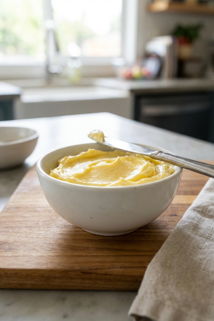 A small bowl of softened butter with a butter knife