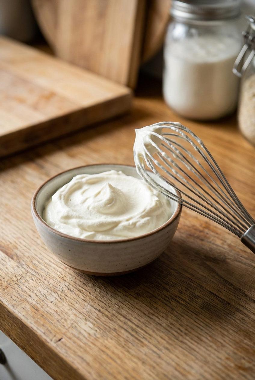 A small bowl of softly whipped cream with a whisk resting beside it