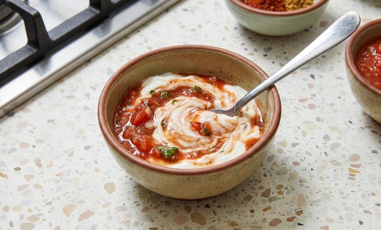 A small bowl of sour cream mixed with salsa on a kitchen counter with a spoon resting inside