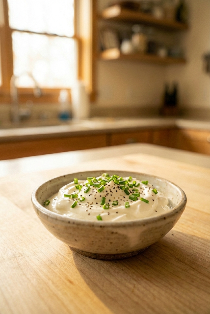 A small bowl of sour cream topped with chopped chives