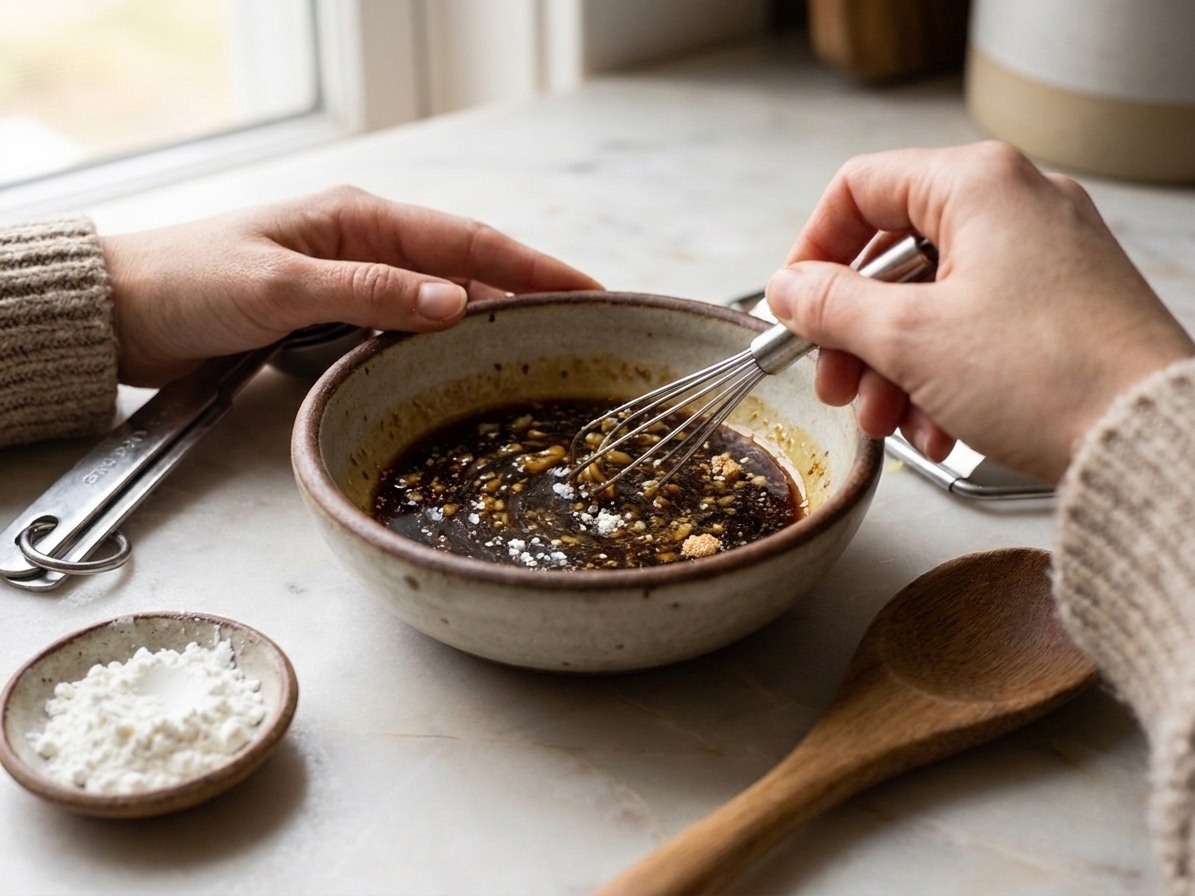 A small bowl of soy and brown sugar sauce being whisked with cornstarch on a kitchen counter