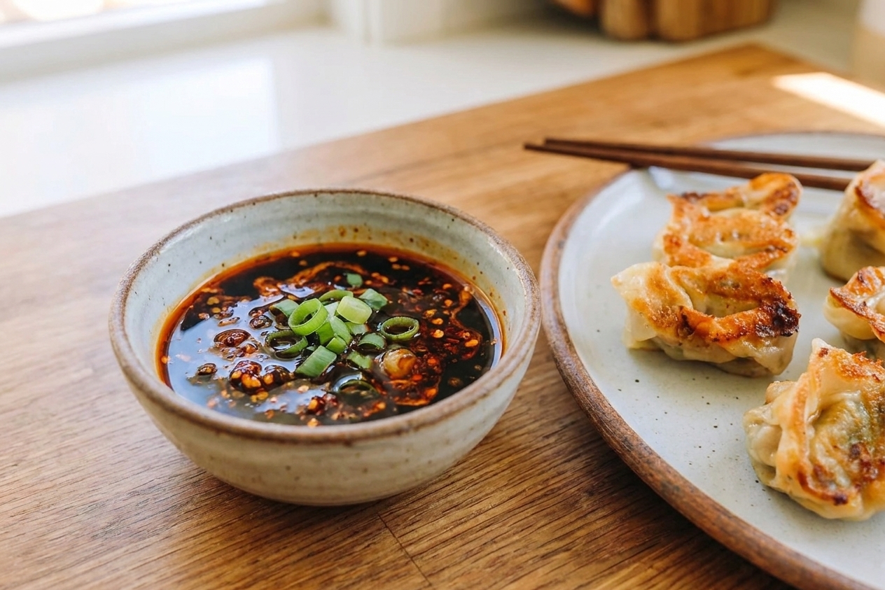 A small bowl of soy and rice vinegar dipping sauce with chili crisp swirls and sliced scallions on a wooden table next to a plate of wontons