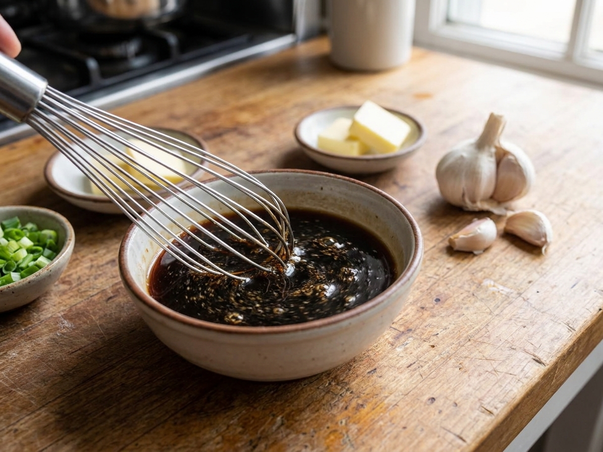 A small bowl of soy-based hibachi sauce being whisked on a kitchen counter, with garlic, butter, and green onions nearby