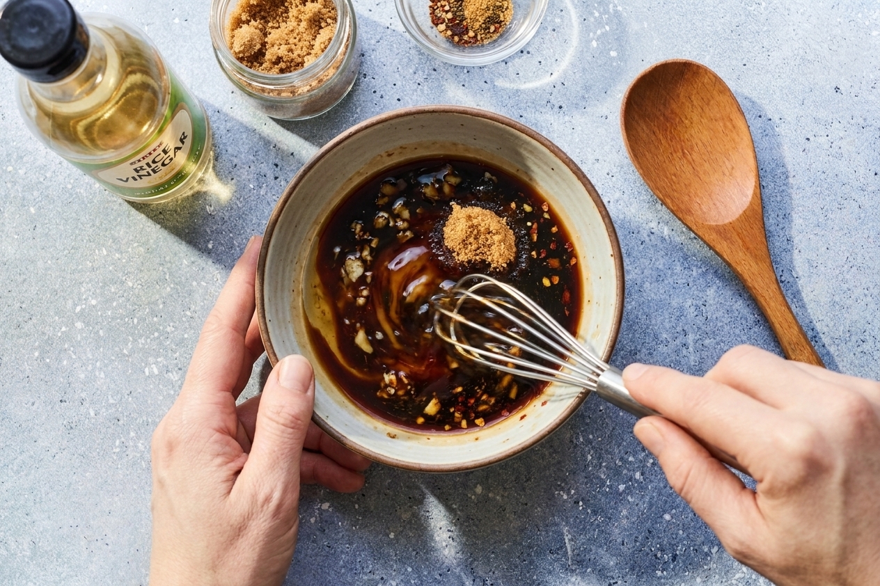 A small bowl of soy-based sauce being whisked with rice vinegar, brown sugar, and seasonings on a kitchen counter