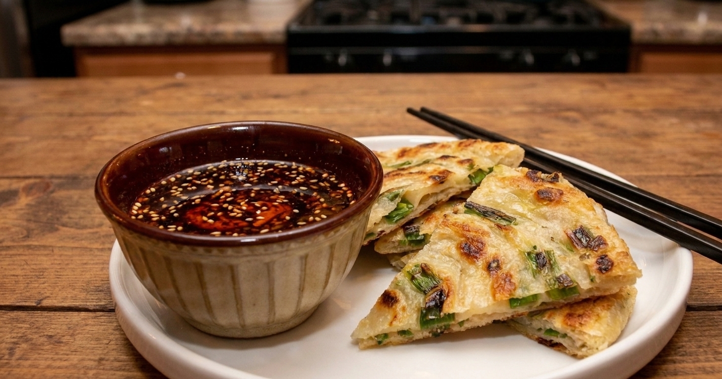 A small bowl of soy dipping sauce with chili oil swirls on a wooden table next to sliced scallion pancake wedges