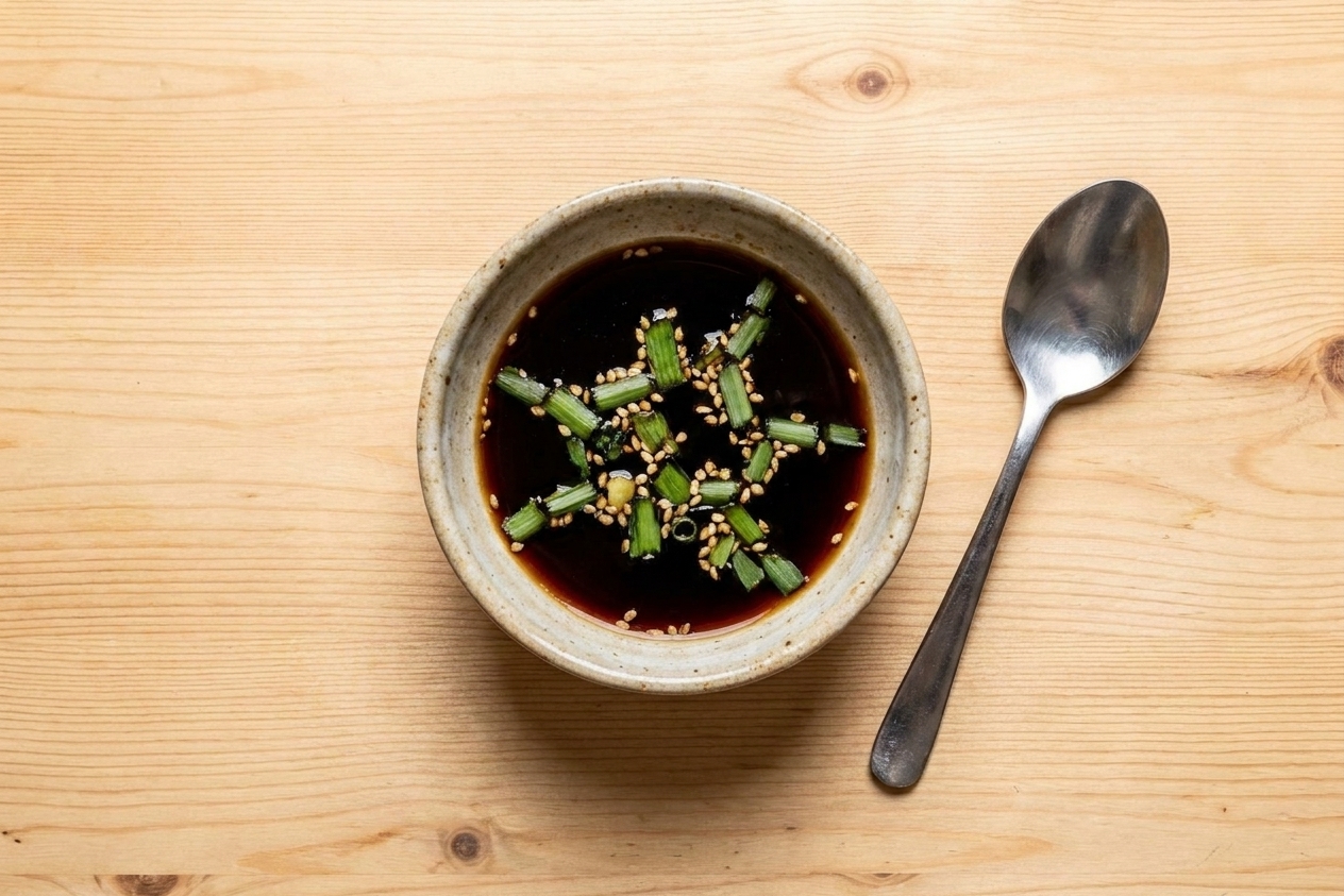 A small bowl of soy dipping sauce with sesame seeds and sliced scallions on a wooden counter next to a spoon