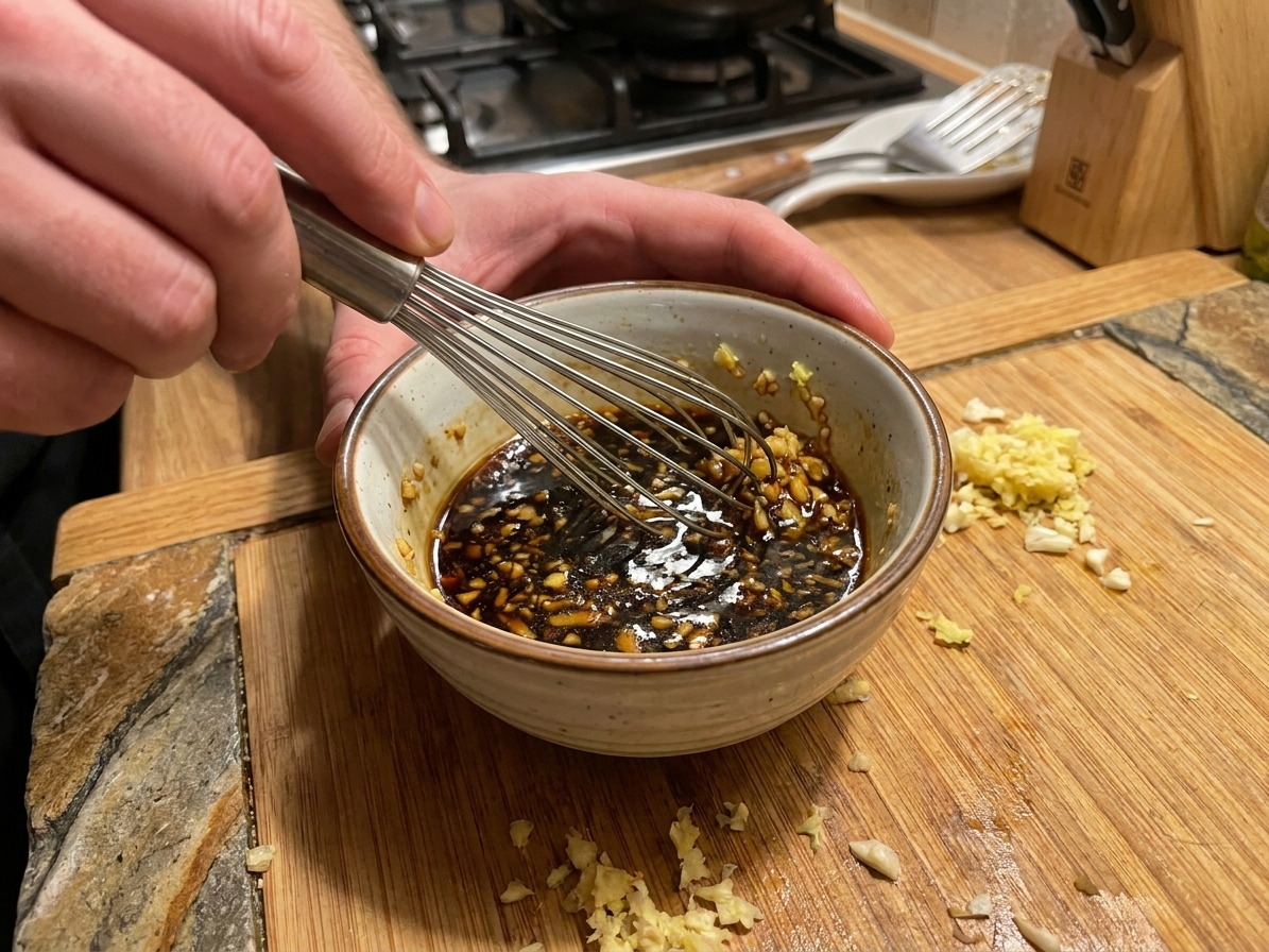 A small bowl of soy-lime dipping sauce being whisked with ginger and garlic on a kitchen counter